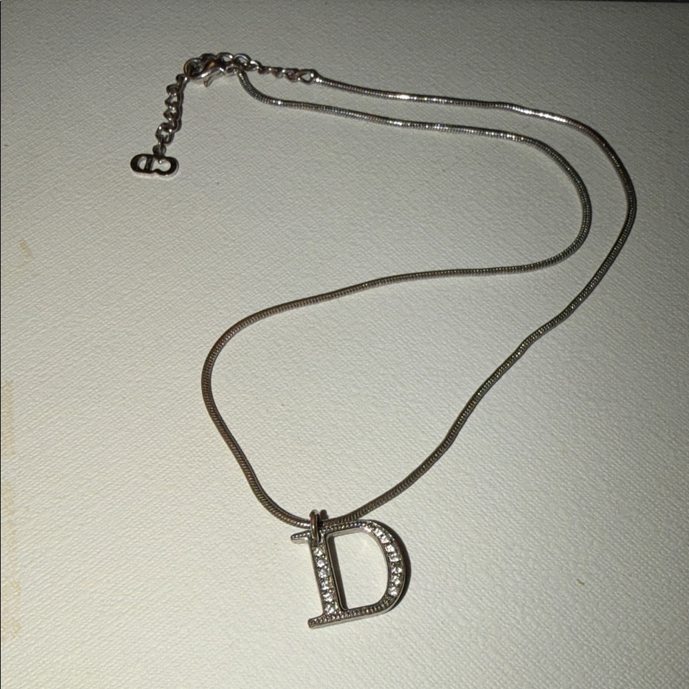 Preloved Christian Dior Silver Necklace with D Pendant size 17” long adjustable - Picture 1 of 4